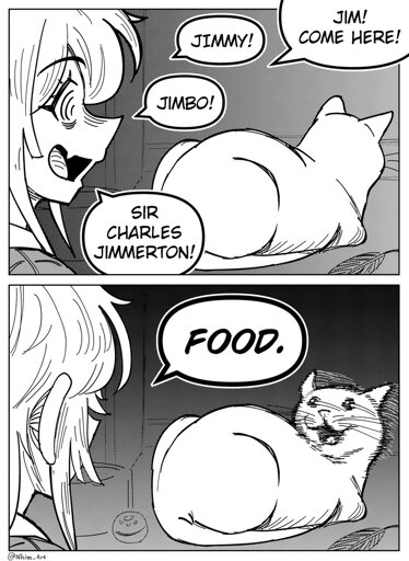 Girl calling her cat by his name: "Jimmy, Jimbo, Sir Charles Jimmerton" Girl: "Food" cat:"shocked"