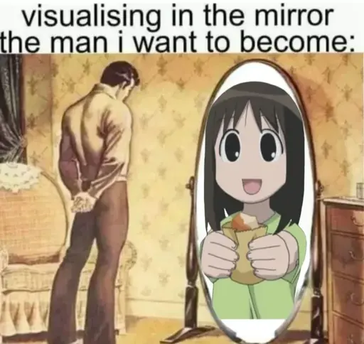 An image of a fit, slim man in a suit. He is in a room styled similar to that of a 1950's house, looking at a mirror. In the mirror is Osaka from Azumanga Daioh holding out some sata andagi. The image is captioned "visualising in the mirror the man i want to become".