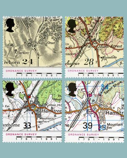 Four UK postage stamps on a grey background. Each stamp shows a small section of an Ordnance Survey map from four different dates.