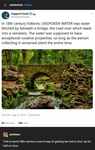 (Post 1, an image of a tweet) In 18th century folklore, UNSPOKEN WATER was water fetched by beneath a bridge, the road over which leads into a cemetery. The water was supposed to have exceptional curative properties, so long as the person collecting it remained silent the entire time. (Post 2, on tumblr) This is some 18th century mom's way of getting her kid to shut up for half an hour.