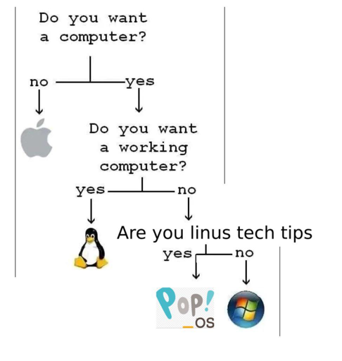 A flowchart starting with: Do you want a computer? No points to MacOS, yes points to the question Do you want a working computer. Yes points to Linux, no points to the question Are you Linus Tech Tips. Yes points to Pop OS, no points to Windows.