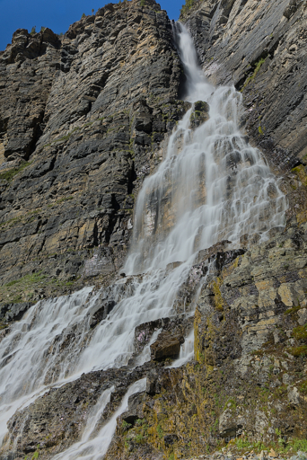 Lineham Falls cascades its way down as seen from the ledge area you can scramble up to, which extends right up to the falls (then drops away to nothing).