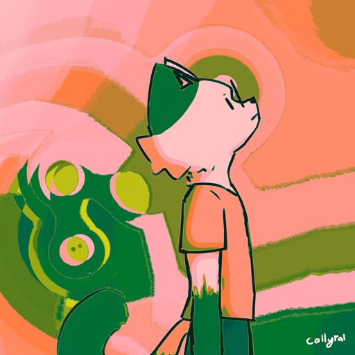 Upper body side profile of my fursona, colored in salmon-orange for the light tones, light green for the midtones and dark/mild green for the dark tones. The background is abstract and shaded in the same colors - while Cally stares at the top-right corner of the image - we see their left side. They are an anthro cat with mostly light fur except for some dark spots. Their facial expression is serious, their glasses are viewed from the side - so the glasses look like a straight line without any depth.