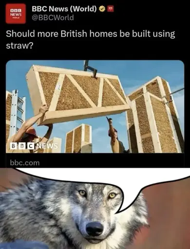 A Twitter post from BBC World saying "Should more British homes be built using straw?" Below is a speech bubble coming out of a wolf.