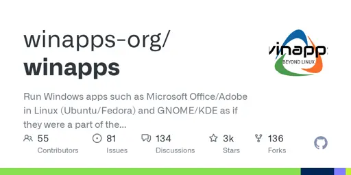 GitHub - winapps-org/winapps: Run Windows apps such as Microsoft Office/Adobe in Linux (Ubuntu/Fedora) and GNOME/KDE as if they were a part of the native OS, including Nautilus integration. Hard fork of https://github.com/Fmstrat/winapps/