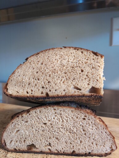 crumb shot of bread, one half stacked on top of the other