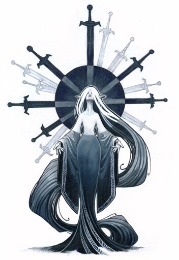 An art piece by Drachenmagier. It's a female-looking person with long straight hair. She's standing, head tilted upwards, her arms slightly stretched up and outwards, palms up, as though receiving something from above. From the waist own, the colouration is blue/black, her dress and hair intermingling. In the same blue/black tone, there's a large circle centred behind her head, twice the size of her torso. Multiple swords are pierced into this circle from all sides, centreing behind her head.