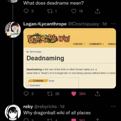 A screenshot of a series of Twitter posts showing the definition of "deadnaming" on the Dragonball wiki. Full transcription in the description.