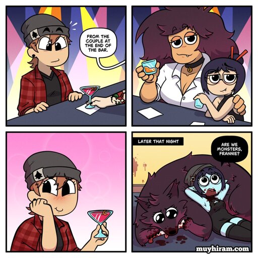 Woman gets a free drink from a couple at the end of the bar and go with them, both are revealed as a werewolf and vampire and ate her