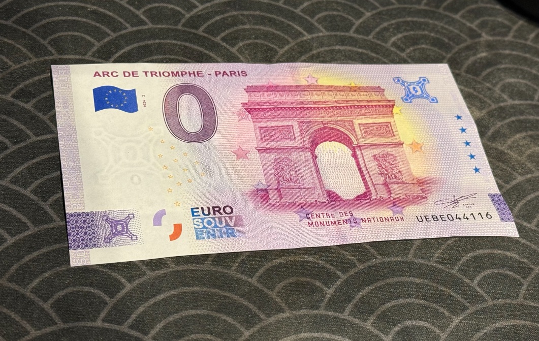 0 euro souvenir bank note from arc de triomphe