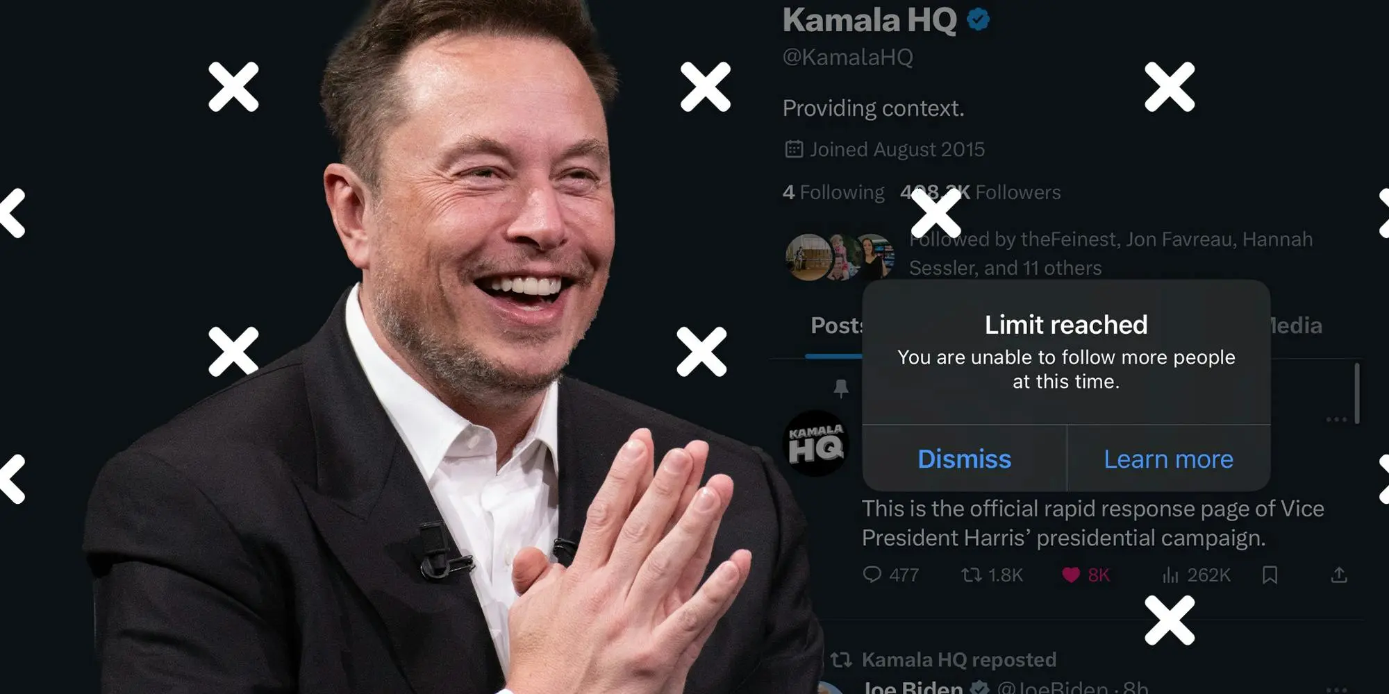 After Musk's pro-Trump/Vance bender, X users report issues following Kamala Harris' accounts