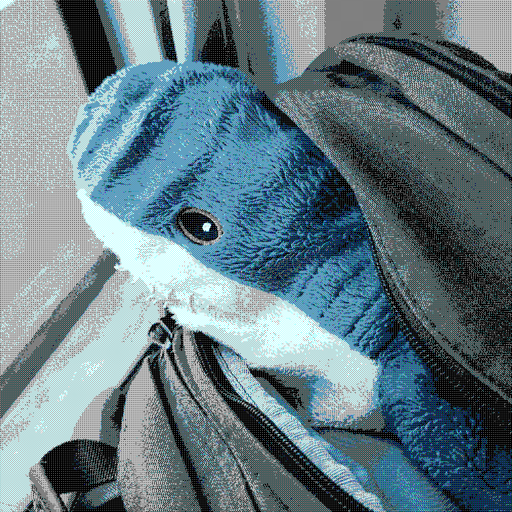 Dithered photo of a Blåhaj IKEA plushie (a blue shark with brown eyes) poking out of a brown backpack.