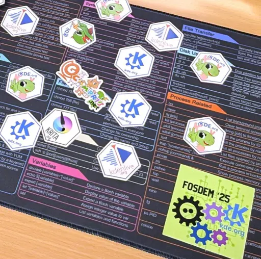 Stickers with logos of KDE, Kdenlive, Krita, Gcompris and pictures of Konqi and Katie lie scattered around.