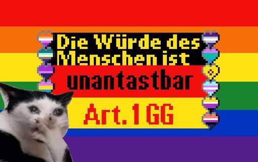 A rainbow-colored background with various LGBTQ+ pride flags and a German phrase in bold text. The text reads:  „Die Würde des Menschen ist unantastbar. Art. 1 GG“
