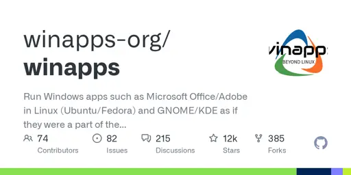 GitHub - winapps-org/winapps: Run Windows apps such as Microsoft Office/Adobe in Linux (Ubuntu/Fedora) and GNOME/KDE as if they were a part of the native OS, including Nautilus integration. Hard fork of https://github.com/Fmstrat/winapps/