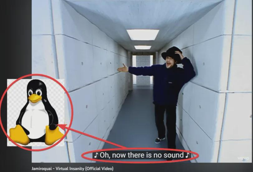 screenshot of Jamiroquai's "Virtual Insanity" music video with subtitled lyric "and now there is no sound". an image of Tux, the linux penguin mascot, on a transparency-indicating checkered background is overlaid on top of the screenshot. there is a red circle around Tux and a red oval around the subtitle and a red line connecting the two.
