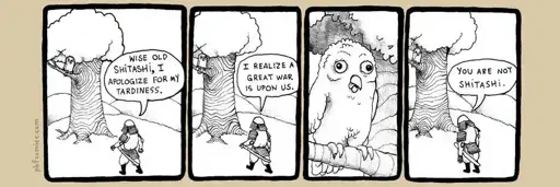 PBF comic: a samurai seeks wisdom from the wise owl shitashi, but the wise owl has been replaced by a dumb one.