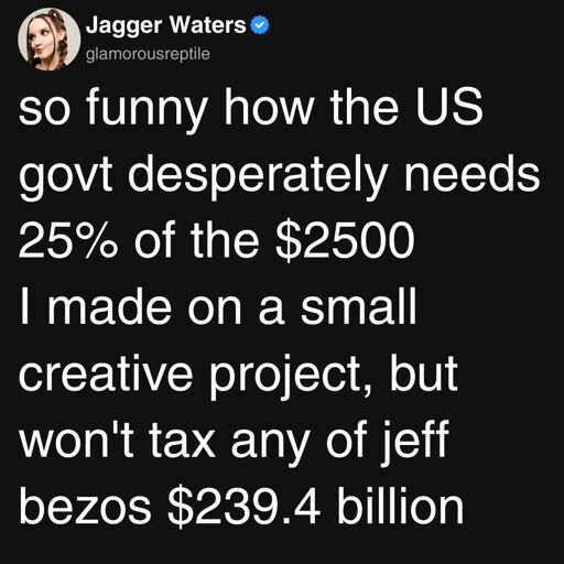 Microblog post saying “so funny how the US govt desperately needs
25% of the $2500
I made on a small creative project, but won't tax any of jeff bezos $239.4 billion”