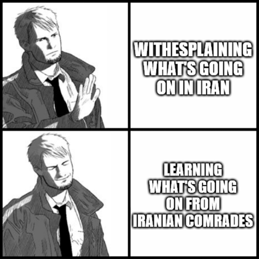 "Drake" meme template with Kyle Hyde from the game Hotel Dusk. Top row: Kyle disapproves whitesplaining what's going on in Iran. Bottom row: Kyle shows a favorable grin at learning what's going from Iranian comrades.