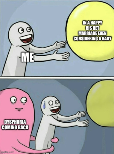 A meme template showing a person in a happy cis het marriage getting caught back by gender dysphoria 