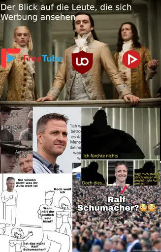 Freetube, Ublock Origin und Newpipe blicken herab auf Ralf Schumacher Memes