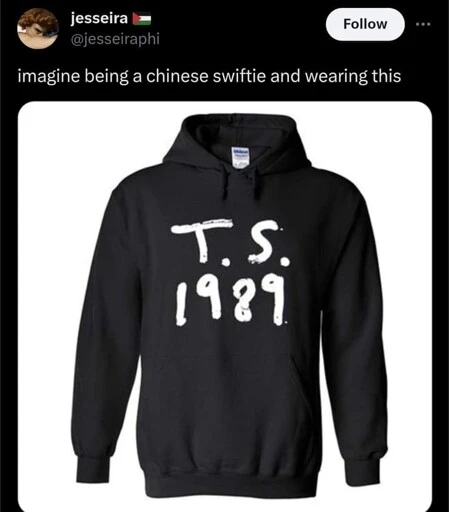 tweet. image of a Taylor Swift 1989 hoodie (that says "T.S. 1989"). "imagine being a chinese swiftie and wearing this"